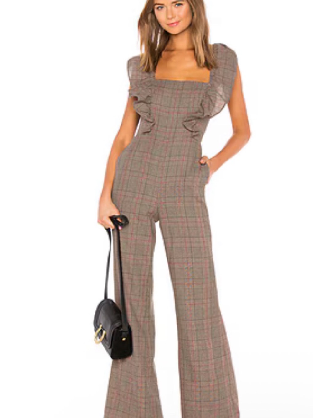 Tularosa Plaid Ruffle-Sleeve Wide-Leg Jumpsuit in Taupe Brown